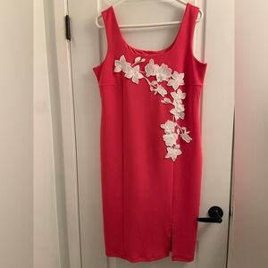 Nina Leonard Pink Midi Dress with White Floral Appliqué